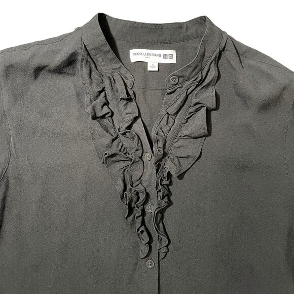 Ines de la Fressange x Uniqlo Silk Frilled Blouse Ruffle Top Black - Size Small - Picture 1 of 7